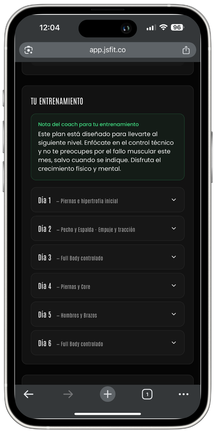 Recibes tu plan organizado por días, con ejercicios, series y repeticiones.