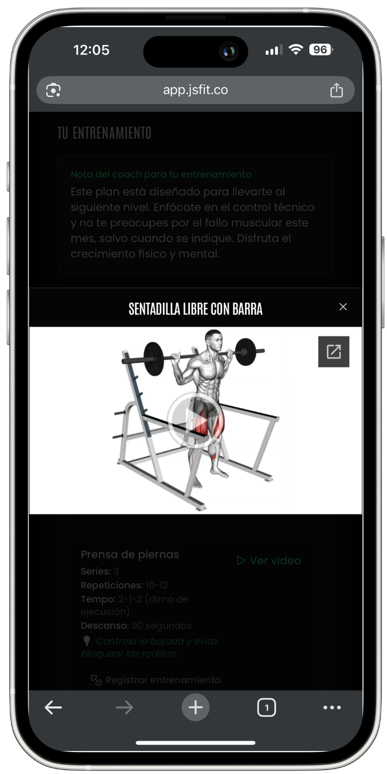 Tienes disponible videos guía por cada ejercicio, para que sepas como ejecutarlos.
